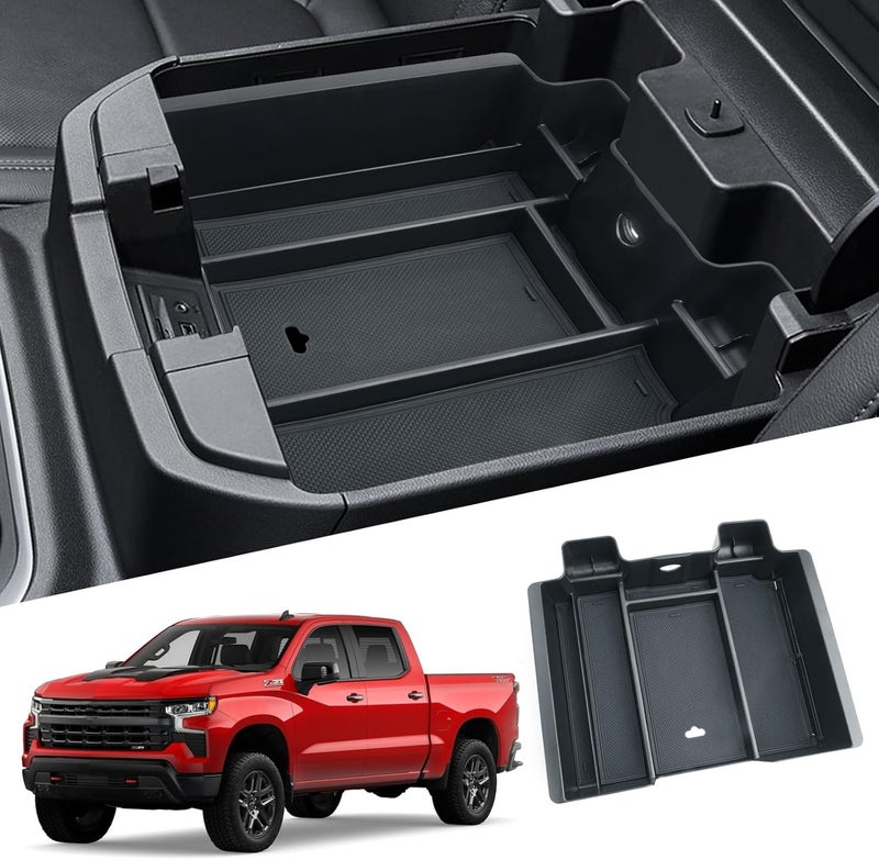 WEIPIN Silverado Sierra Center Console Organizer - Compatible with 2019-2022 Chevy Silverado/GMC Sierra 1500 and 2020-2023 Silverado/Sierra 2500HD 3500HD Armrest - (Full Console w/Bucket Seats ONLY) - Black - Image 1